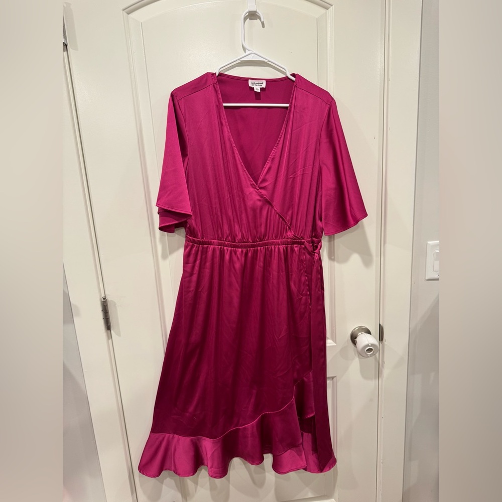 Magenta Wrap-Style Midi Dress with Ruffle Hem